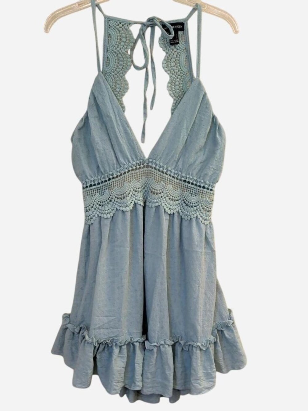 Streetwear Society Light Blue Lace-Back Halter Dress Size L | Ruffle Hem